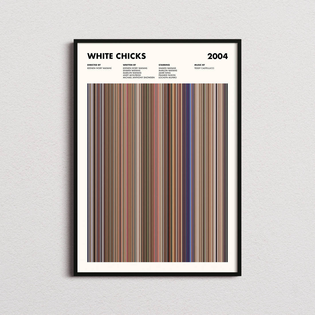 White Chicks Movie Barcode Poster framed on a plain studio wall
