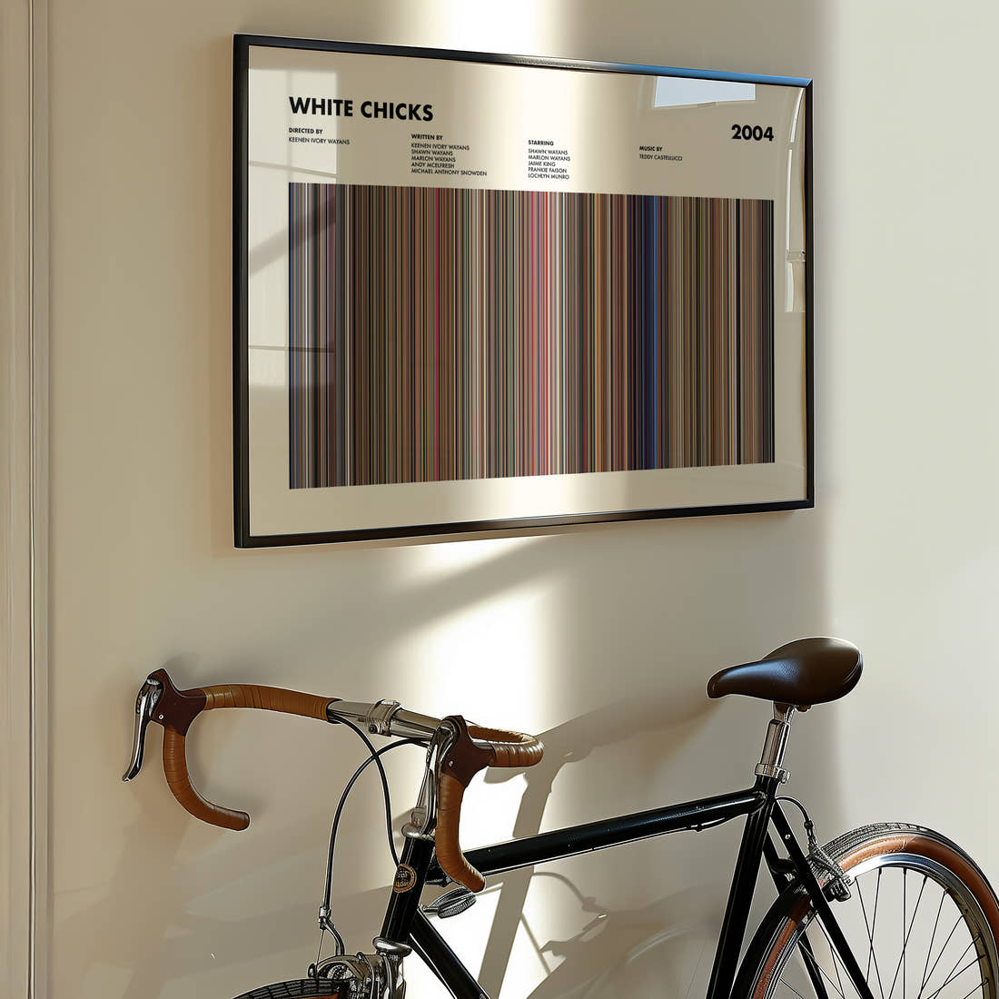 White Chicks Movie Barcode Poster framed on the wall of a styled room setting