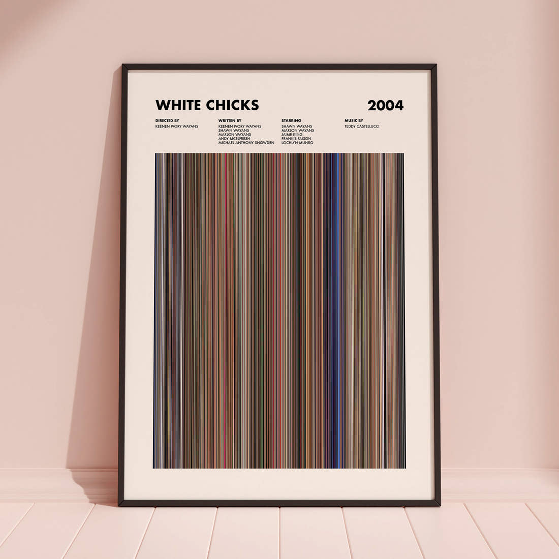 White Chicks Movie Barcode Poster framed and leaning against a coloured wall