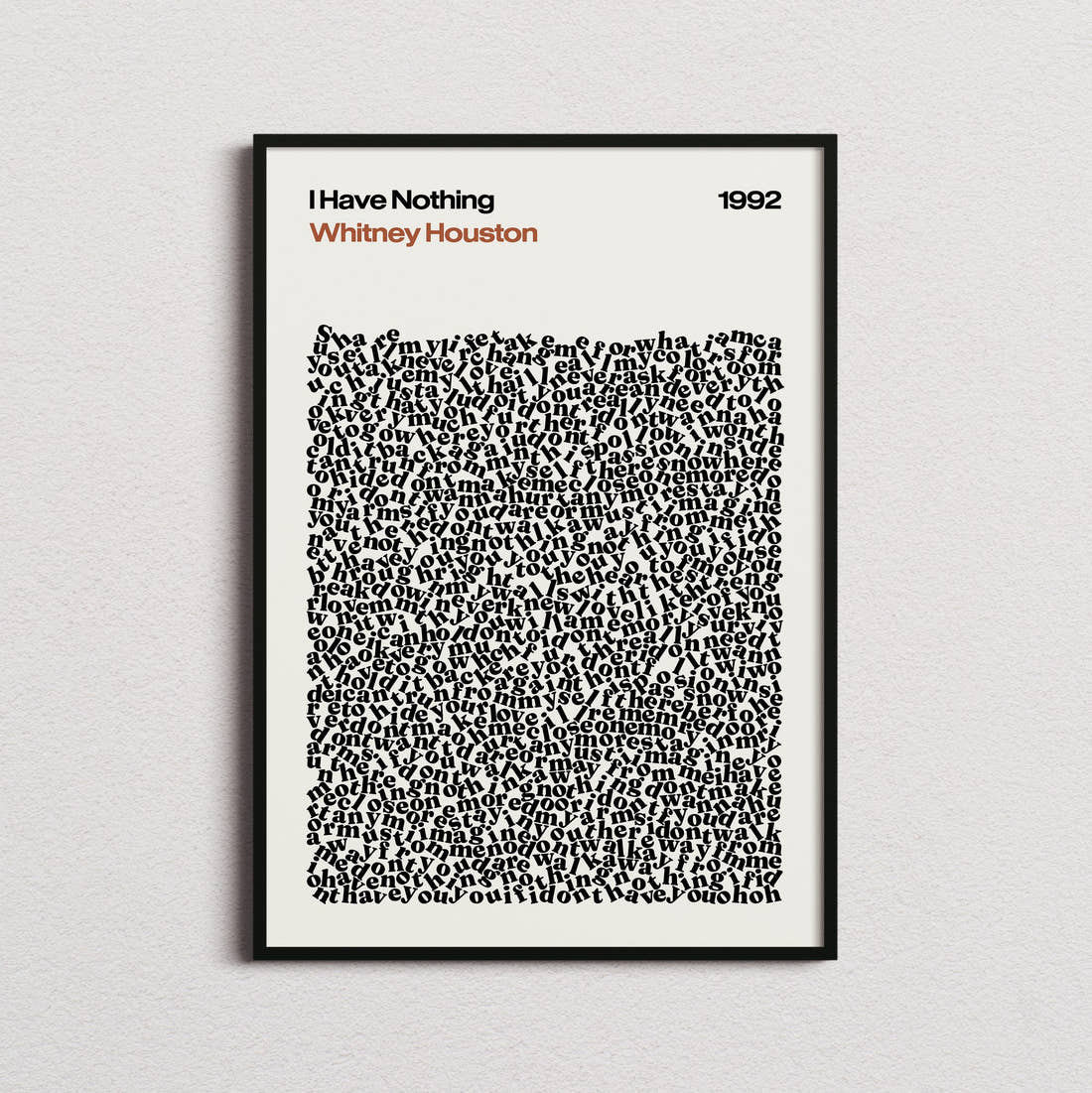 Whitney Houston I Have Nothing Lyric Print in the cream colourway, framed