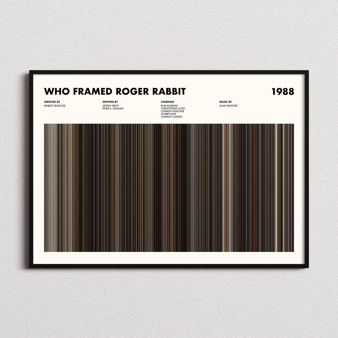 Who Framed Roger Rabbit Movie Barcode Poster framed and photographed straight on