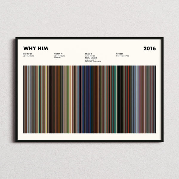 Why Him Movie Barcode Poster framed and photographed straight on