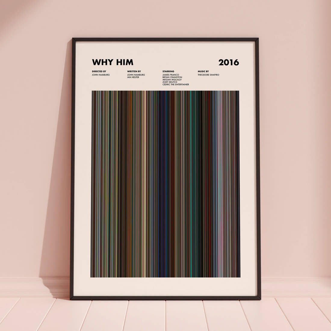 Why Him Movie Barcode Poster framed and leaning against a coloured wall