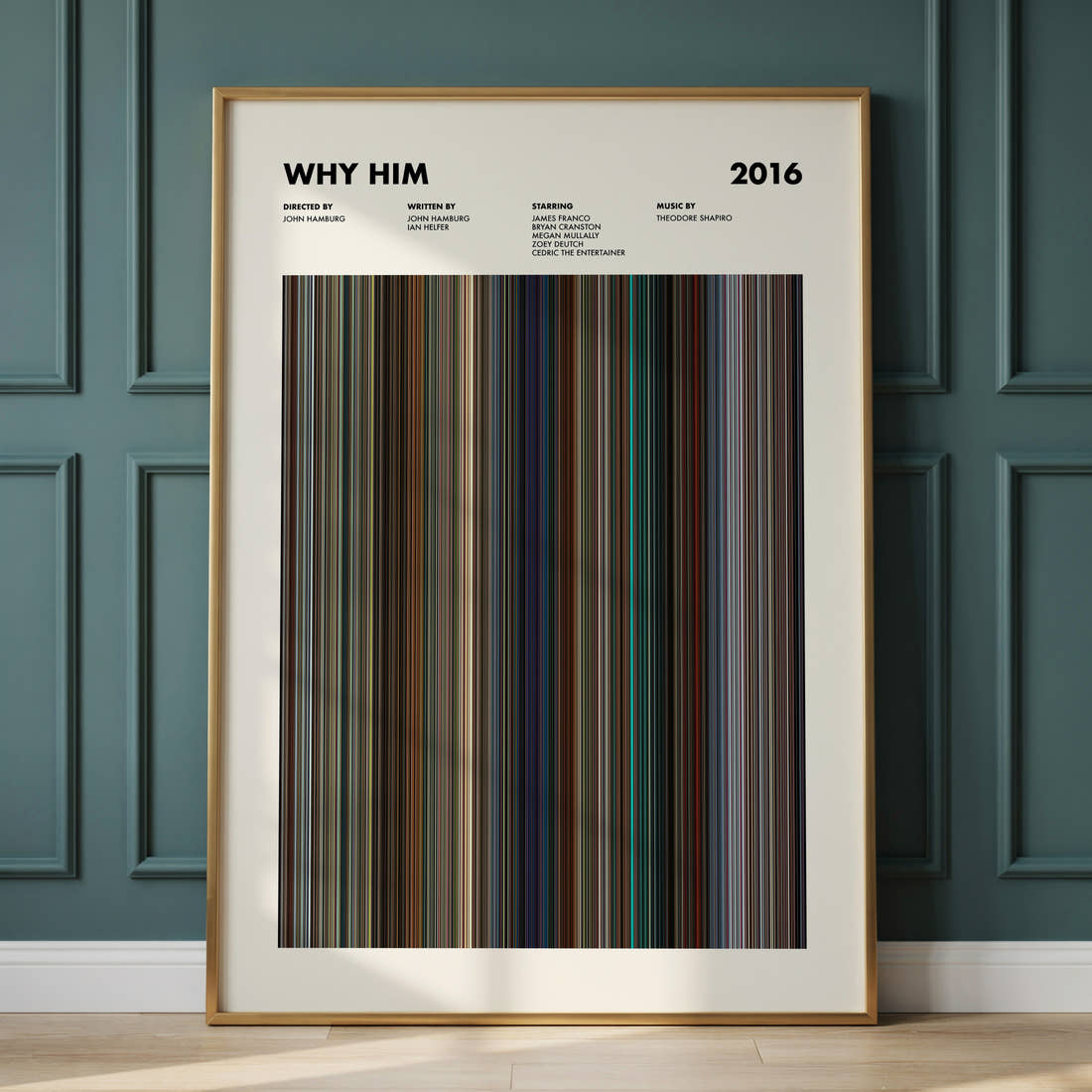 Why Him Movie Barcode Poster framed and leaning against a panelled wall