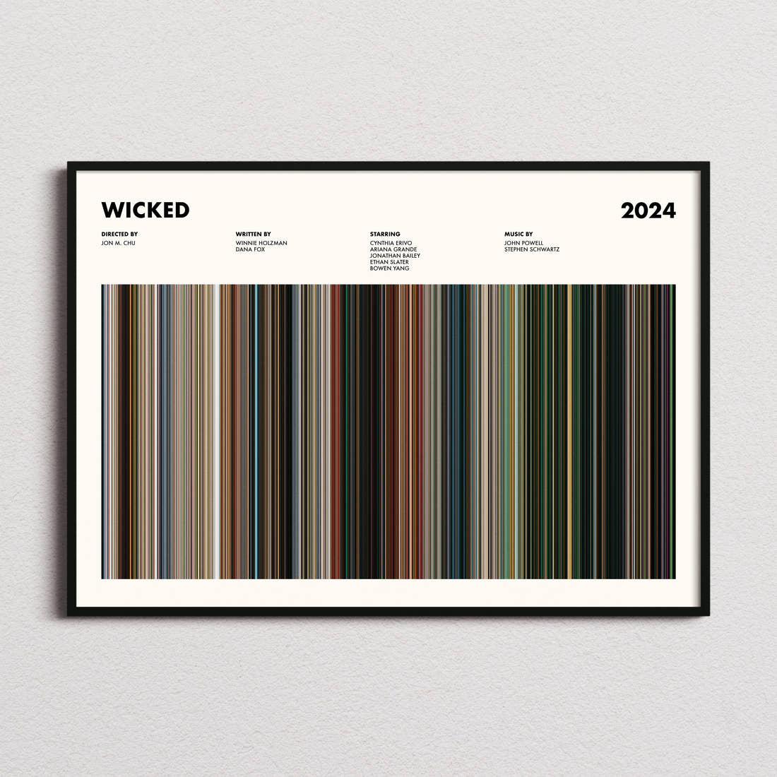 Wicked Movie Barcode Poster framed and photographed straight on
