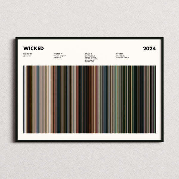 Wicked Movie Barcode Poster framed and photographed straight on