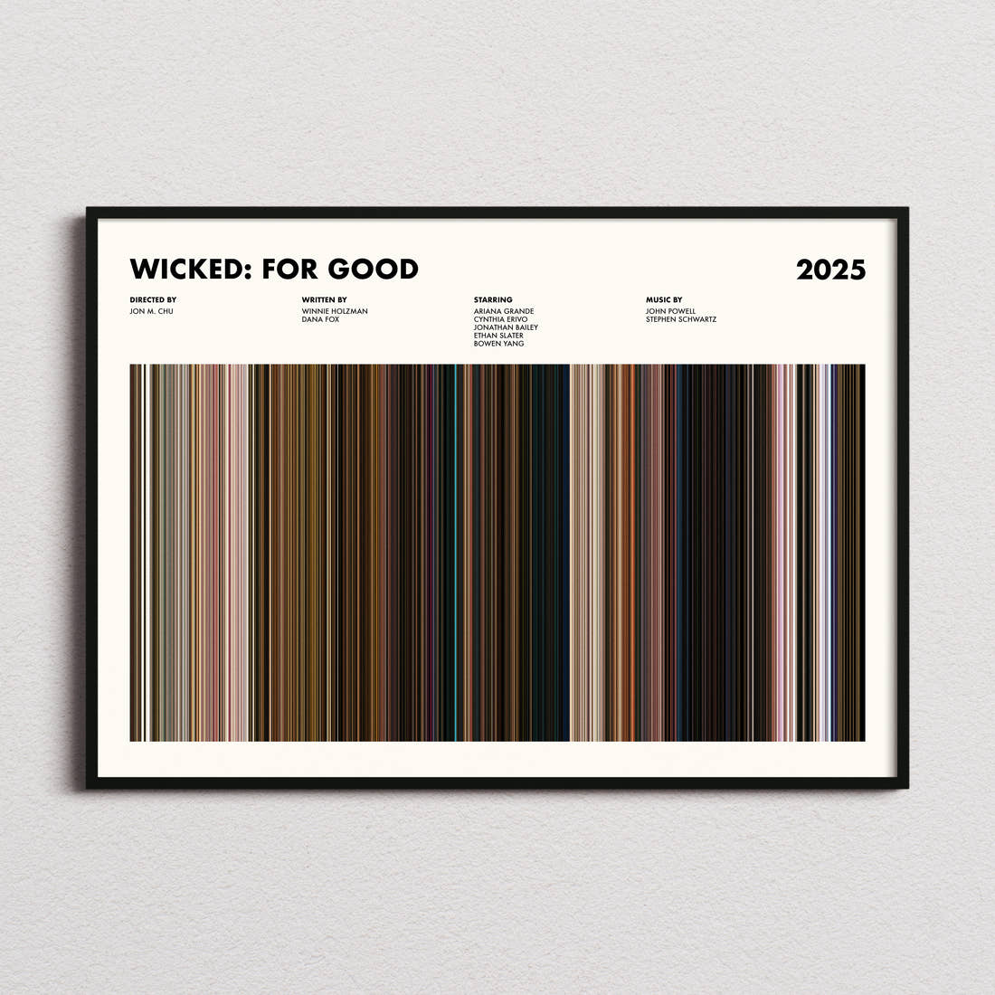 Wicked: For Good Movie Barcode Poster framed and photographed straight on