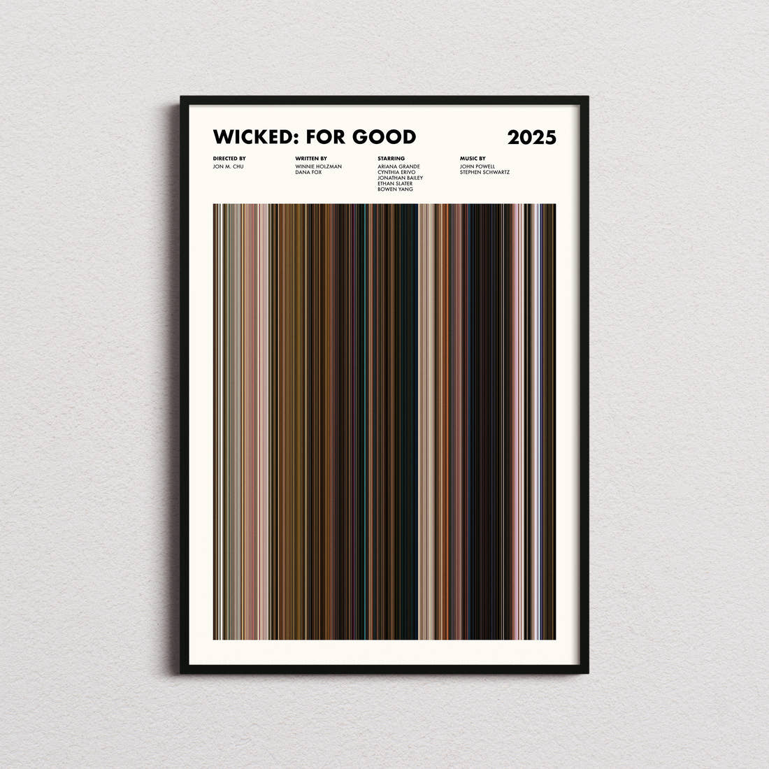 Wicked: For Good Movie Barcode Poster framed on a plain studio wall