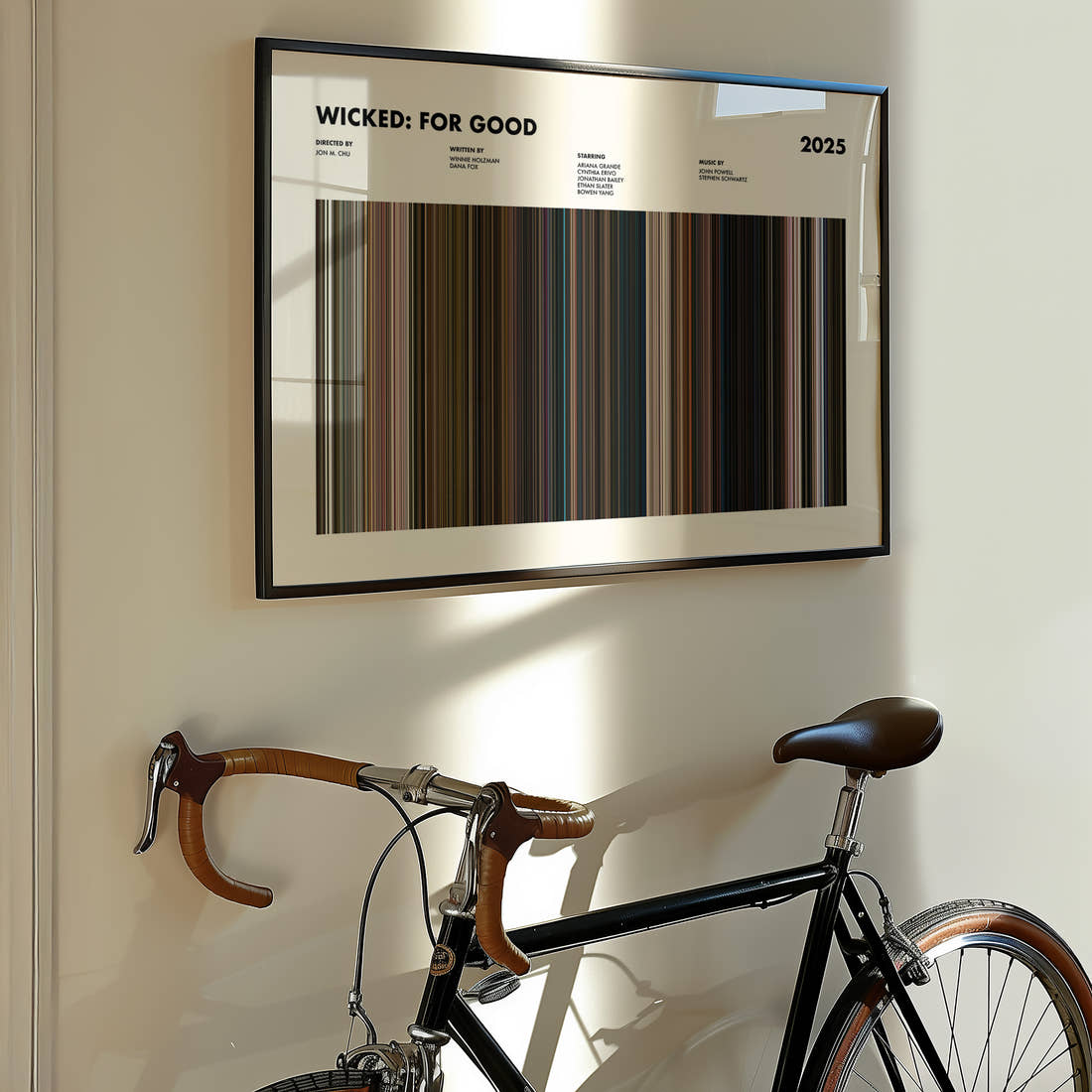 Wicked: For Good Movie Barcode Poster framed on the wall of a styled room setting