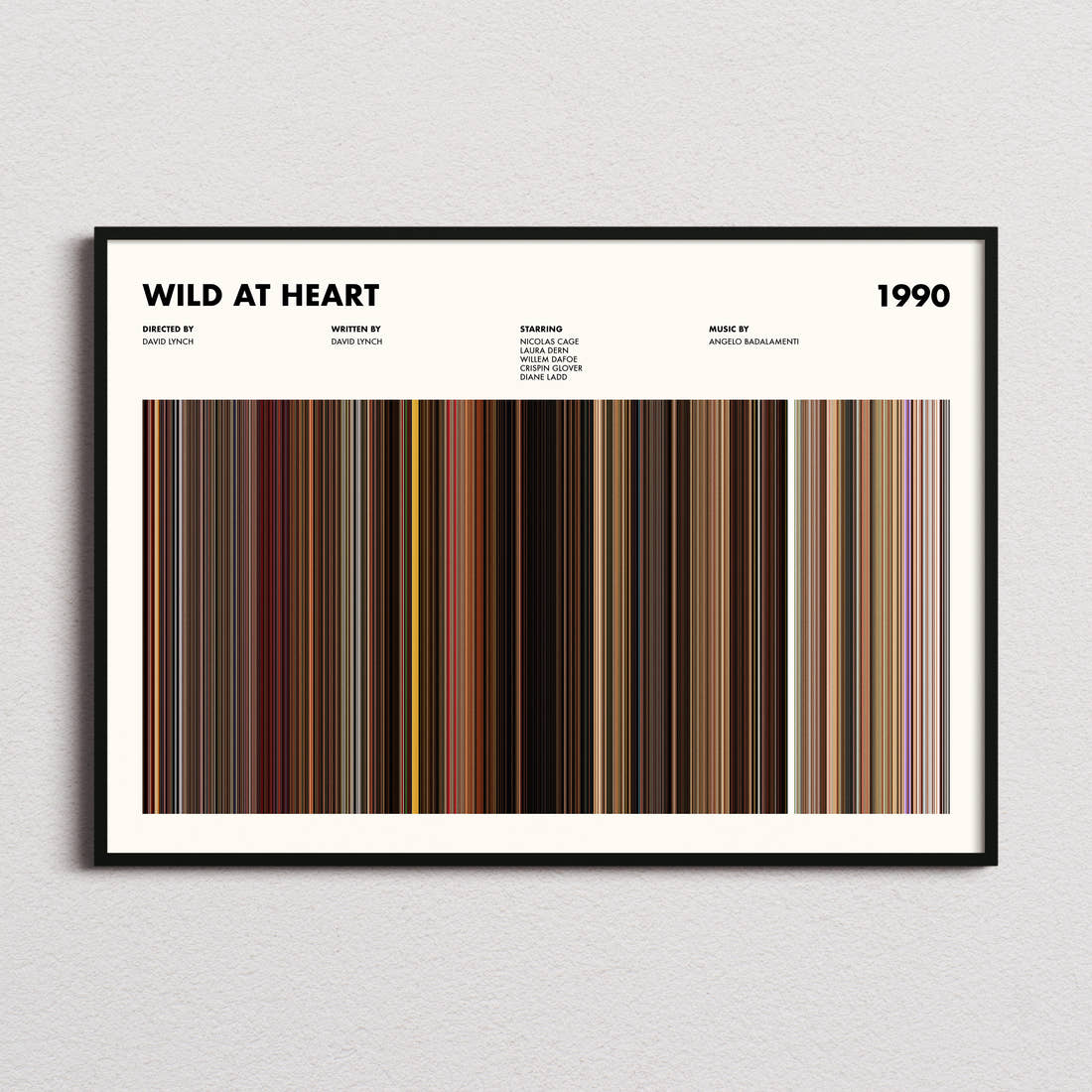 Wild At Heart Movie Barcode Poster framed and photographed straight on