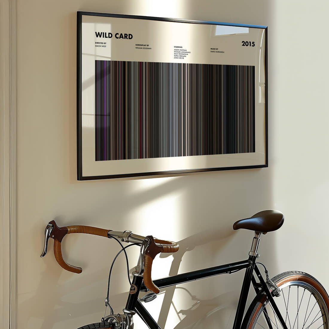 Wild Card Movie Barcode Poster framed on the wall of a styled room setting