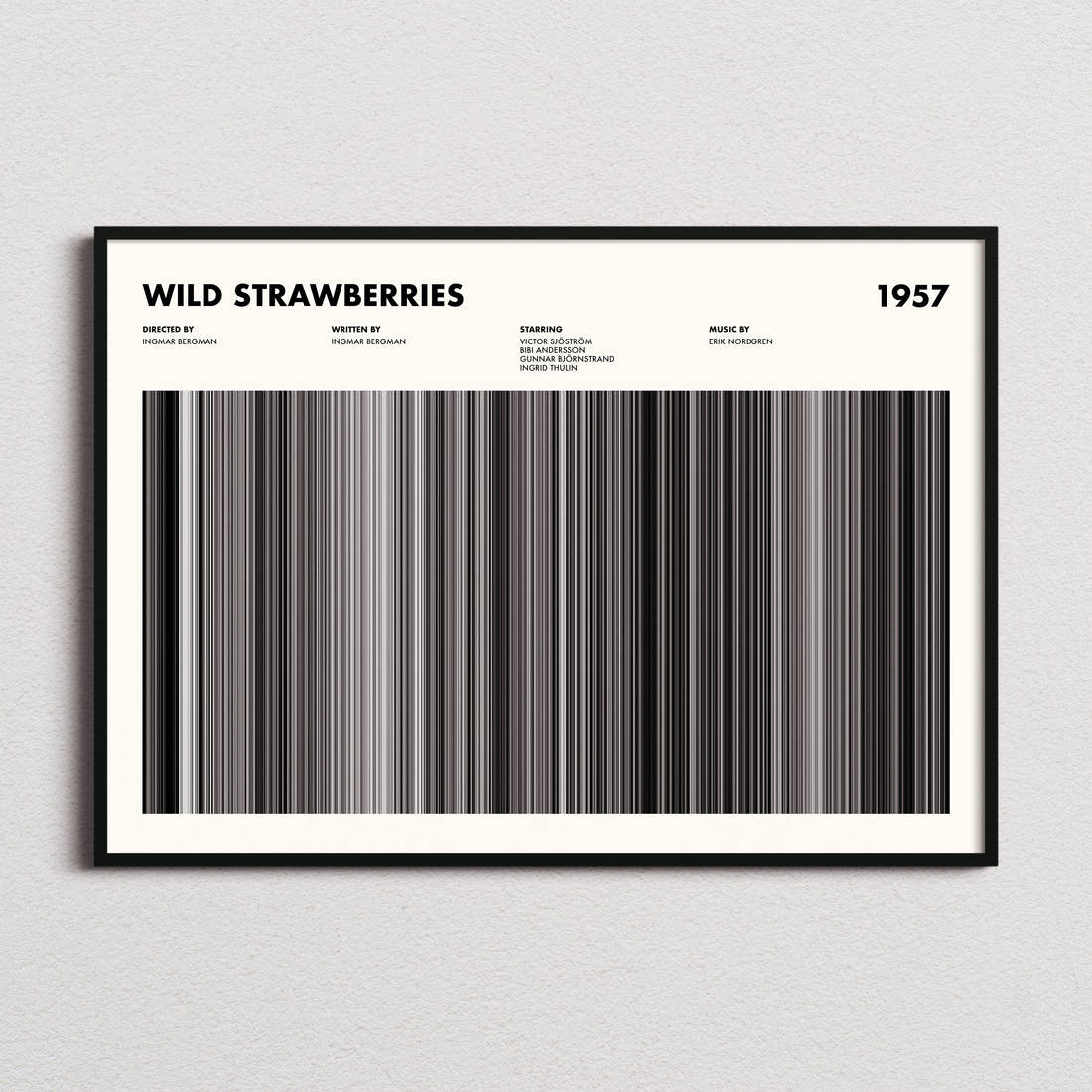 Wild Strawberries Movie Barcode Poster framed and photographed straight on