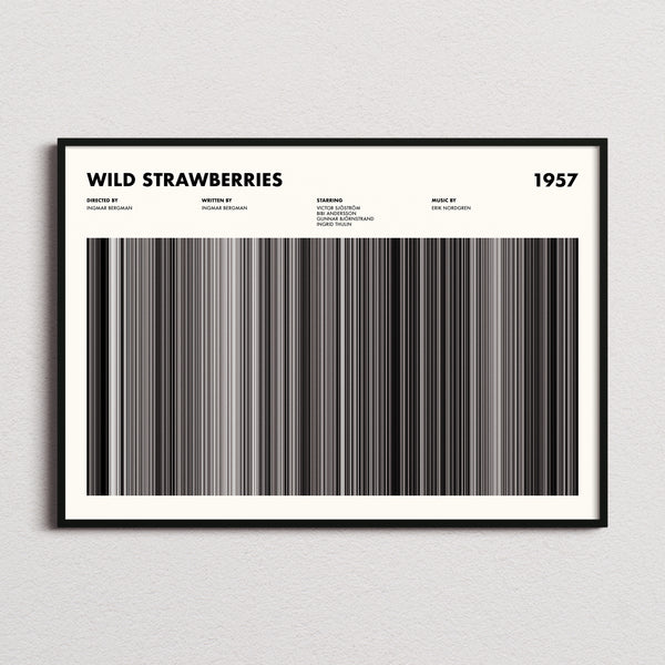 Wild Strawberries Movie Barcode Poster framed and photographed straight on