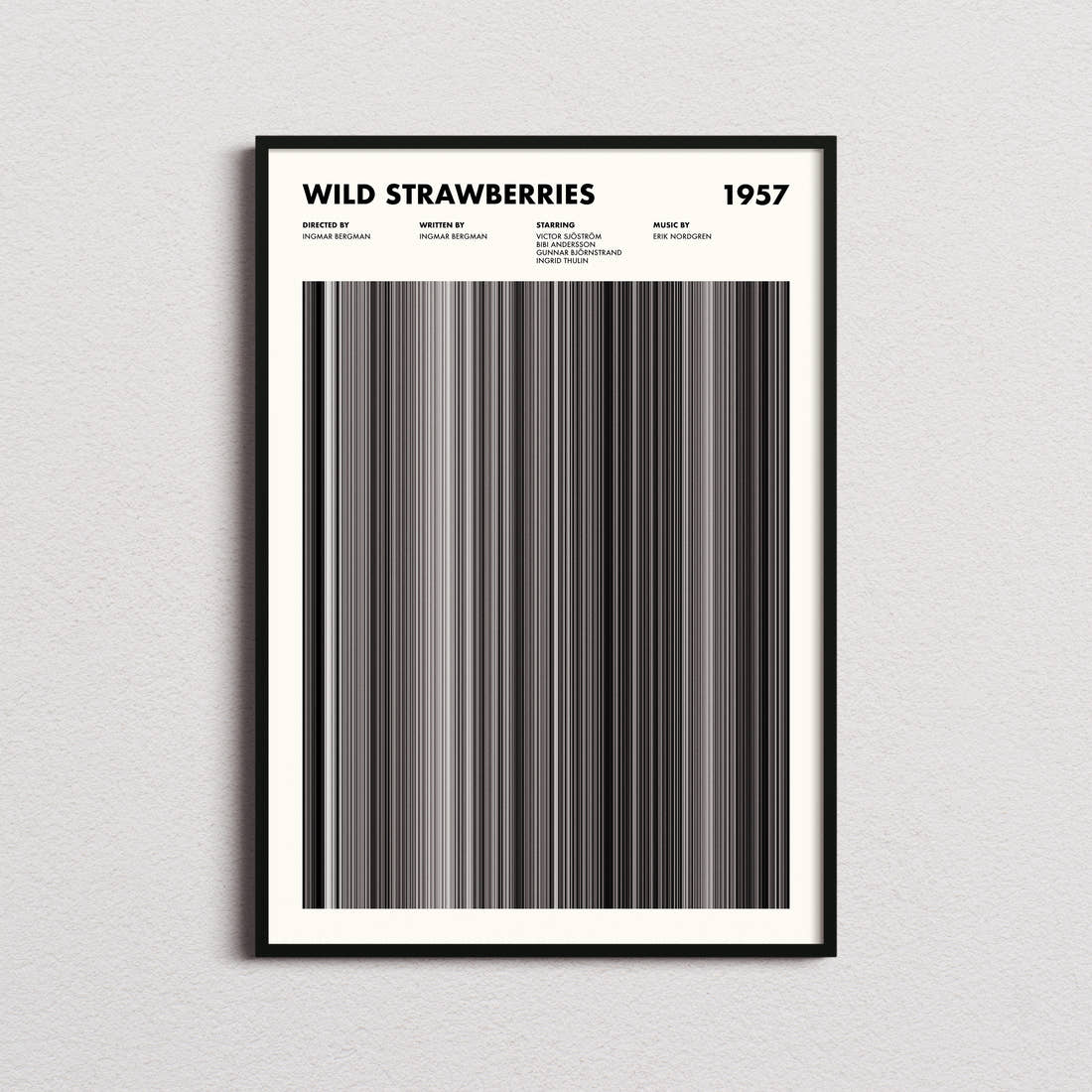 Wild Strawberries Movie Barcode Poster framed on a plain studio wall