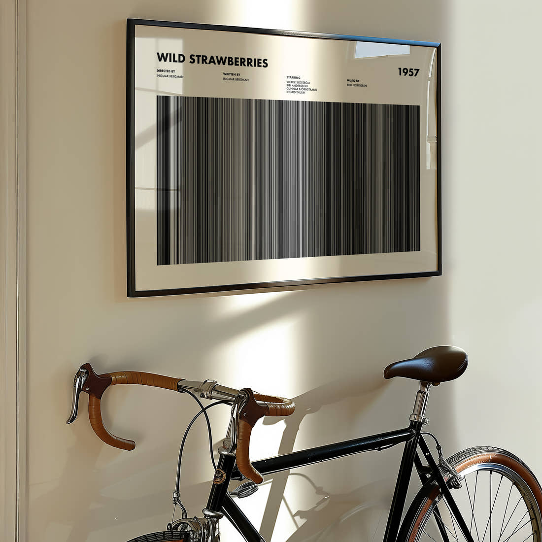 Wild Strawberries Movie Barcode Poster framed on the wall of a styled room setting
