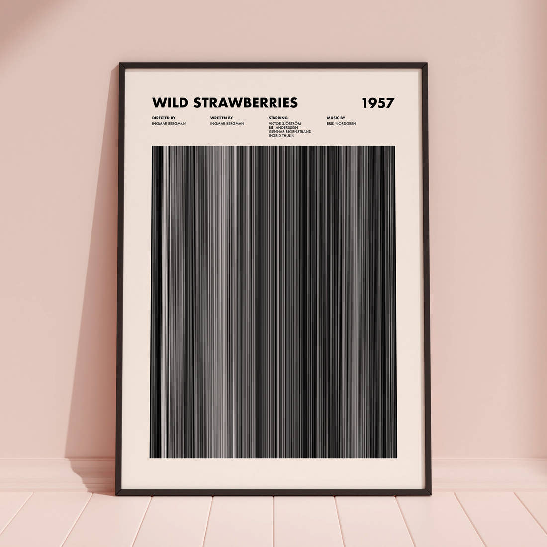 Wild Strawberries Movie Barcode Poster framed and leaning against a coloured wall