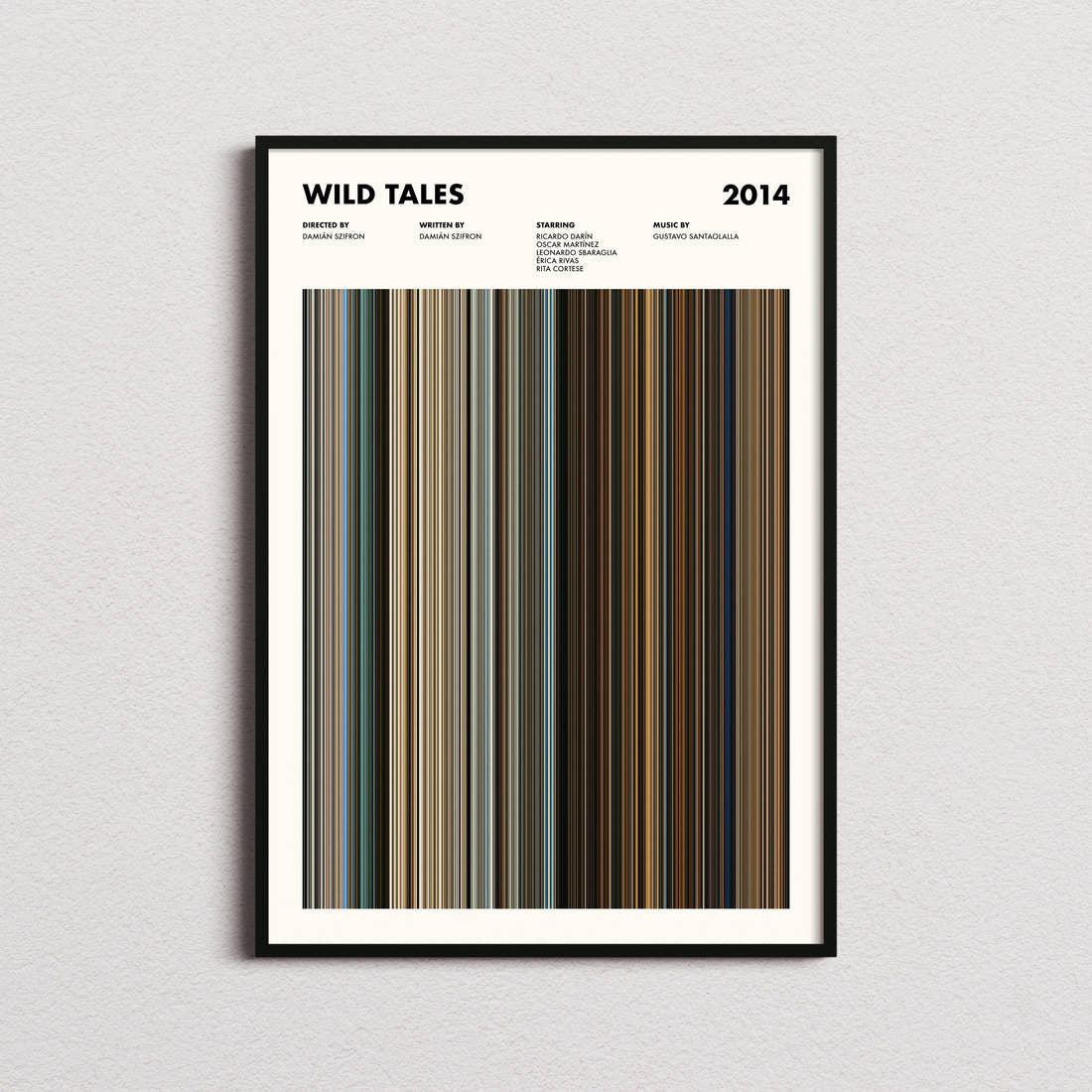 Wild Tales Movie Barcode Poster framed on a plain studio wall