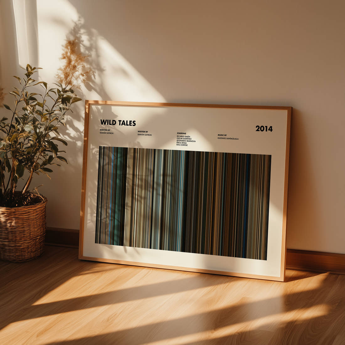 Wild Tales Movie Barcode Poster framed and leaning against a wall on a wooden floor