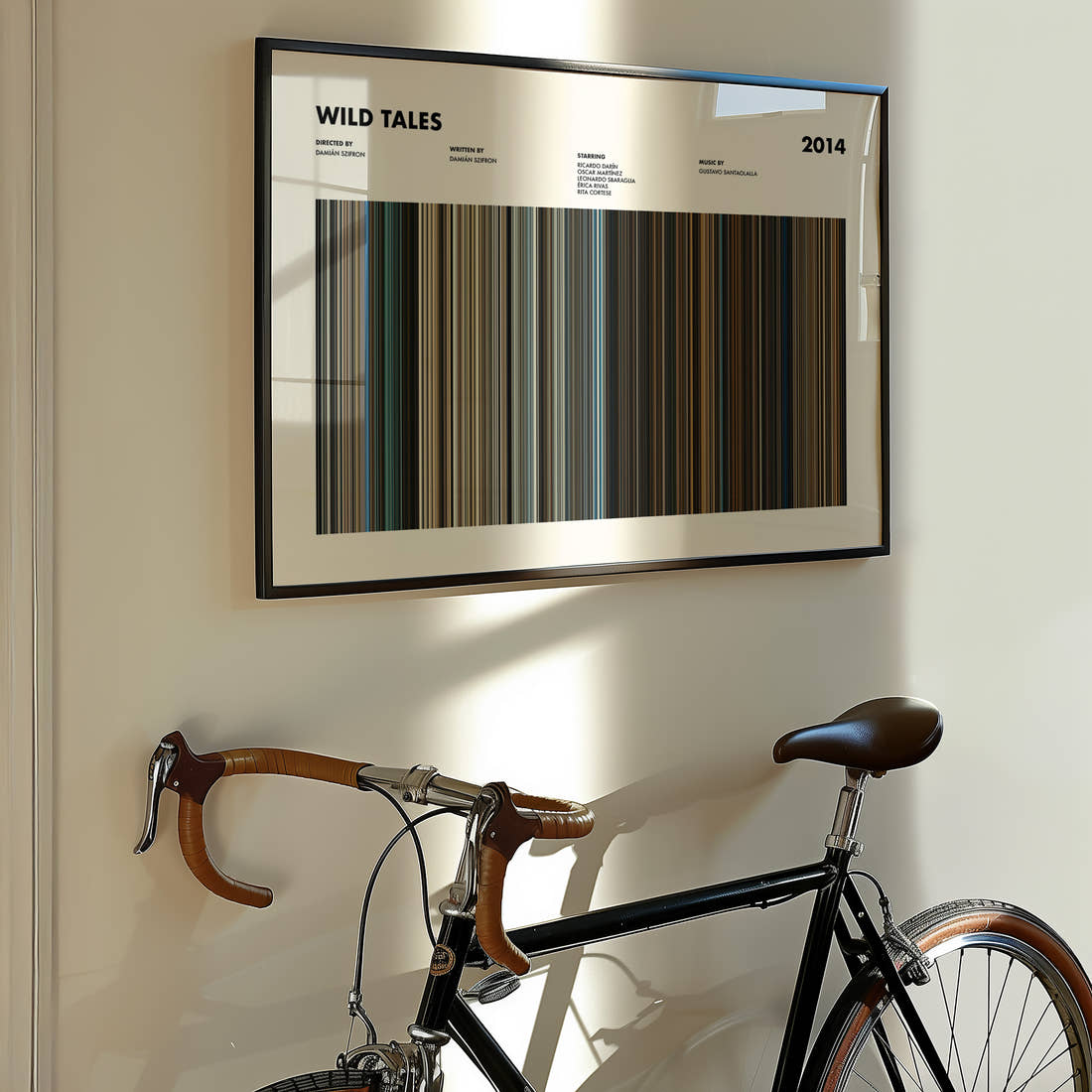 Wild Tales Movie Barcode Poster framed on the wall of a styled room setting