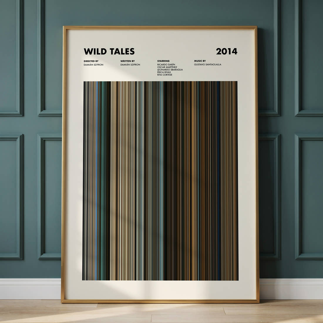 Wild Tales Movie Barcode Poster framed and leaning against a panelled wall