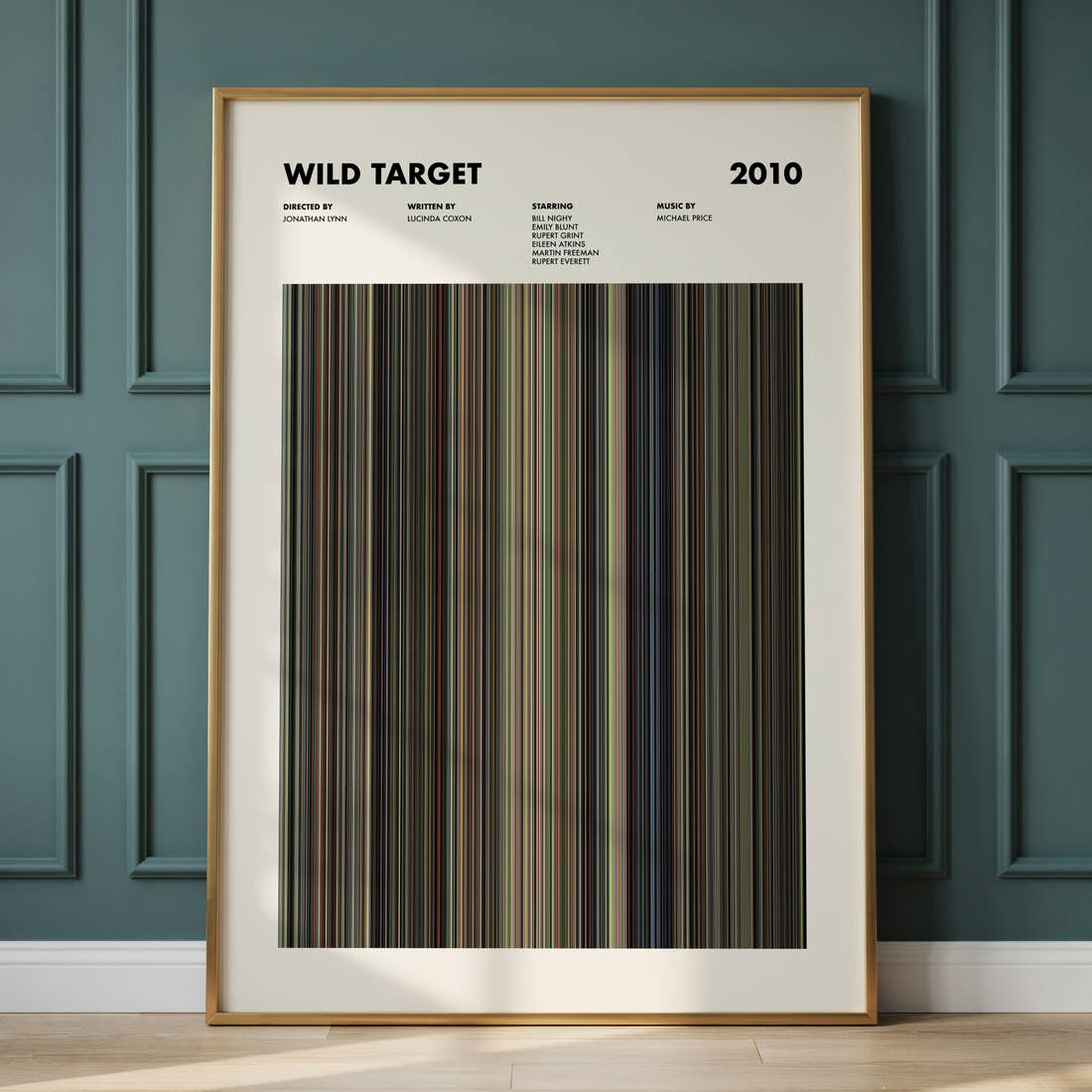 Wild Target Movie Barcode Poster framed and leaning against a panelled wall