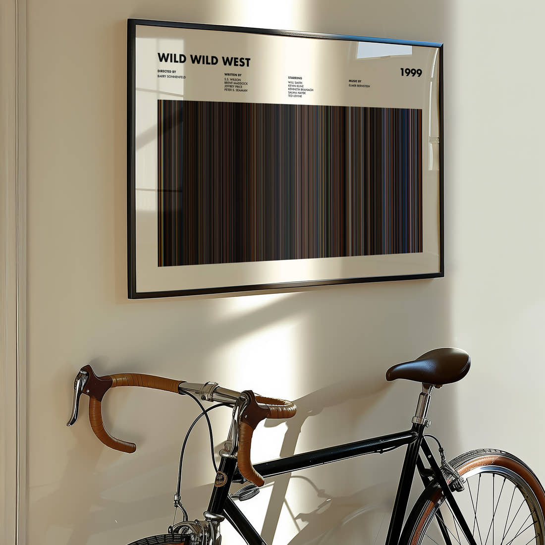 Wild Wild West Movie Barcode Poster framed on the wall of a styled room setting