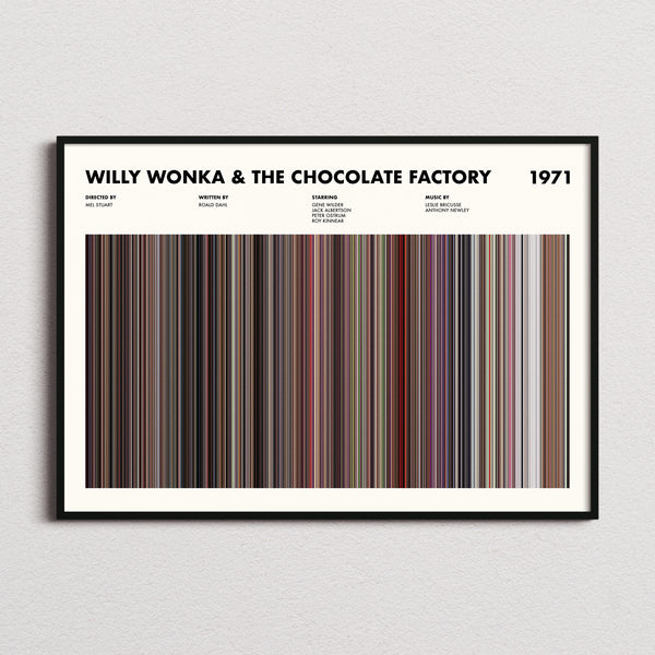 Willy Wonka & The Chocolate Factory Movie Barcode Poster framed and photographed straight on