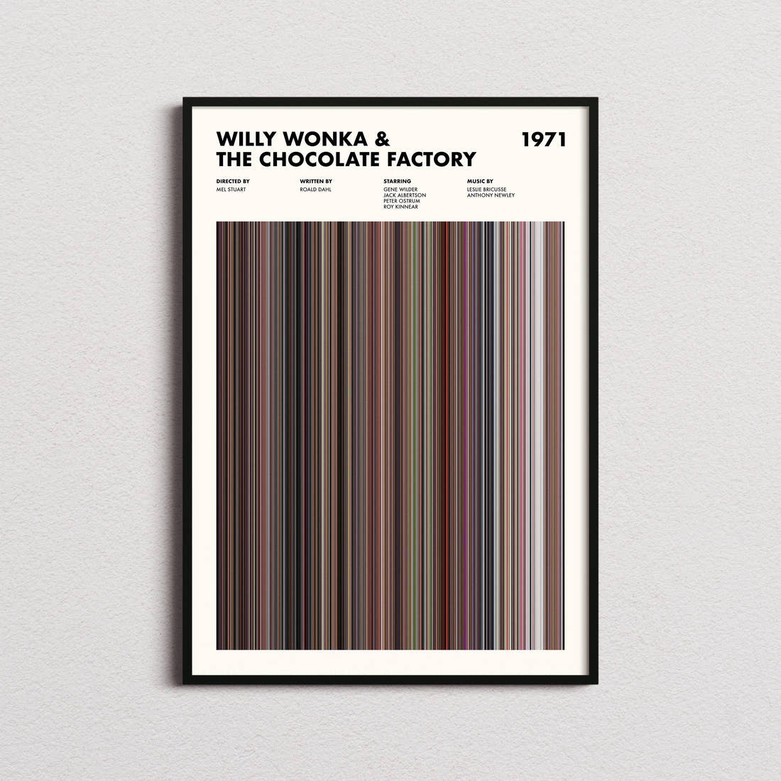 Willy Wonka & The Chocolate Factory Movie Barcode Poster framed on a plain studio wall