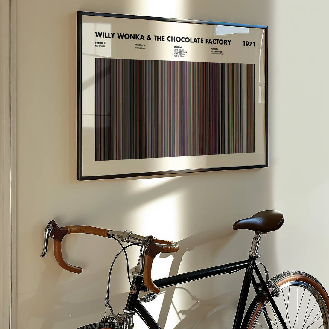 Willy Wonka & The Chocolate Factory Movie Barcode Poster framed on the wall of a styled room setting