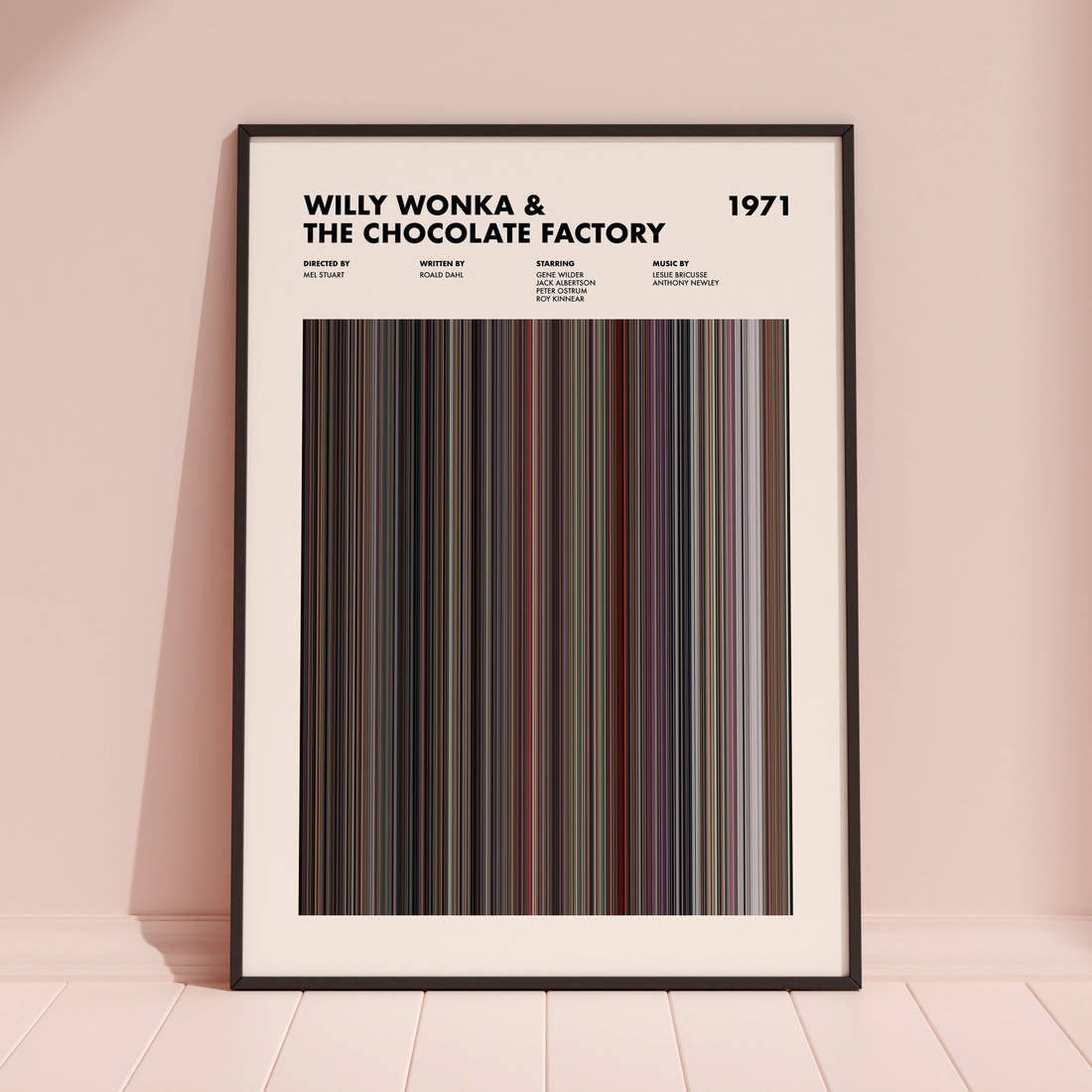 Willy Wonka & The Chocolate Factory Movie Barcode Poster framed and leaning against a coloured wall