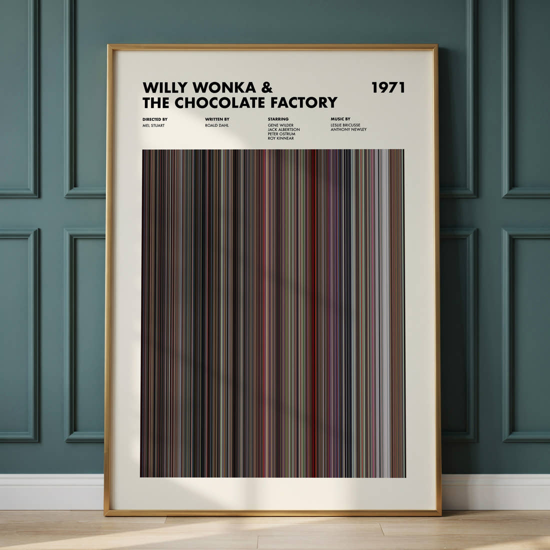 Willy Wonka & The Chocolate Factory Movie Barcode Poster framed and leaning against a panelled wall