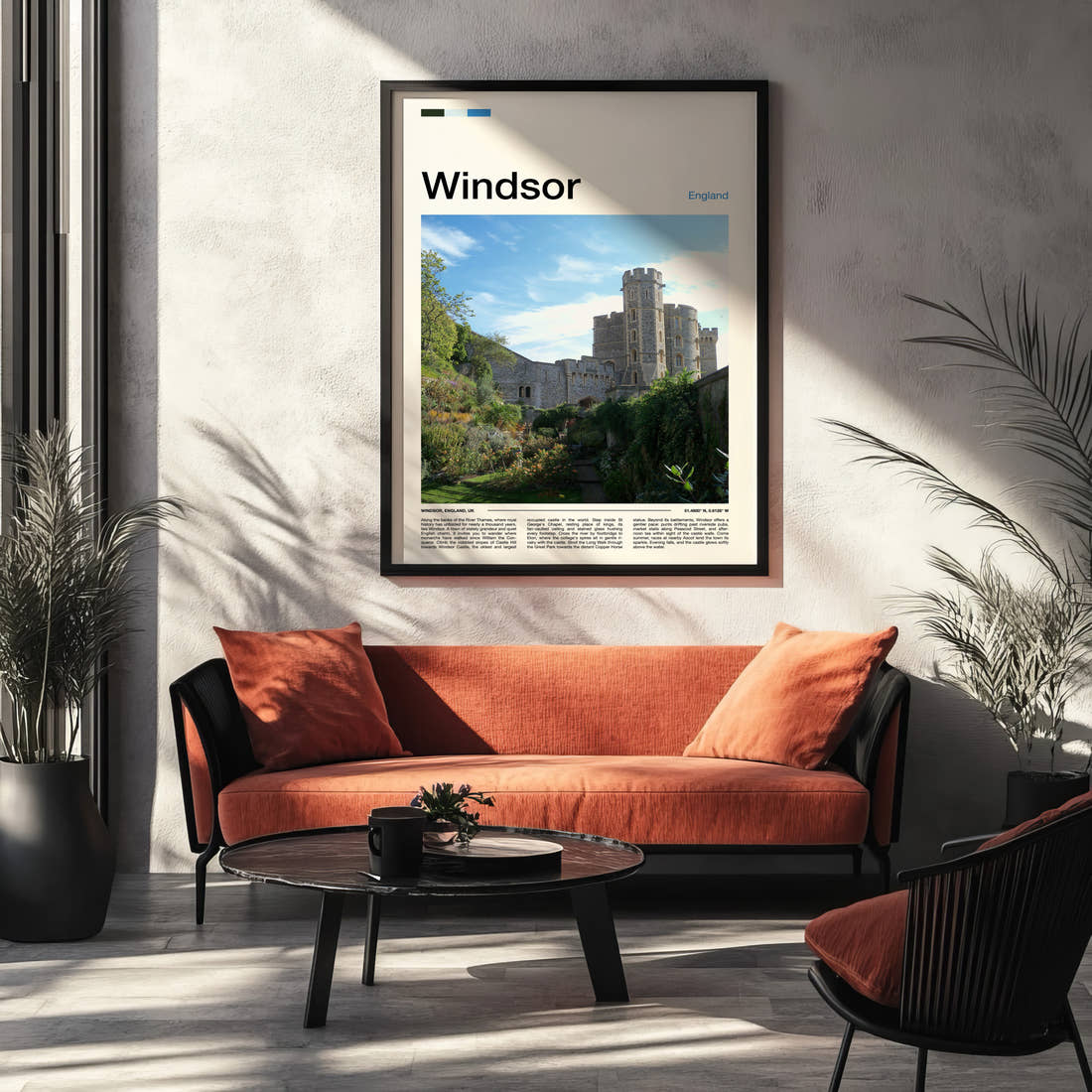 Windsor Castle Wall Garden Travel Print framed on the wall of a modern living room