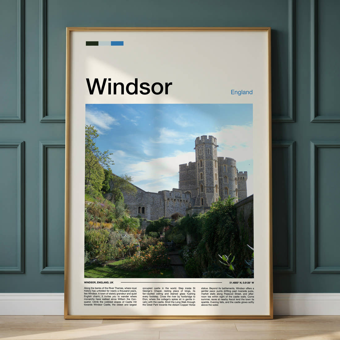 Windsor Castle Wall Garden Travel Print framed on the wall of a calm, neutral bedroom