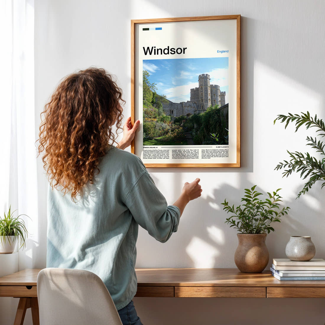 Windsor Castle Wall Garden Travel Print framed on a pale wall beside houseplants