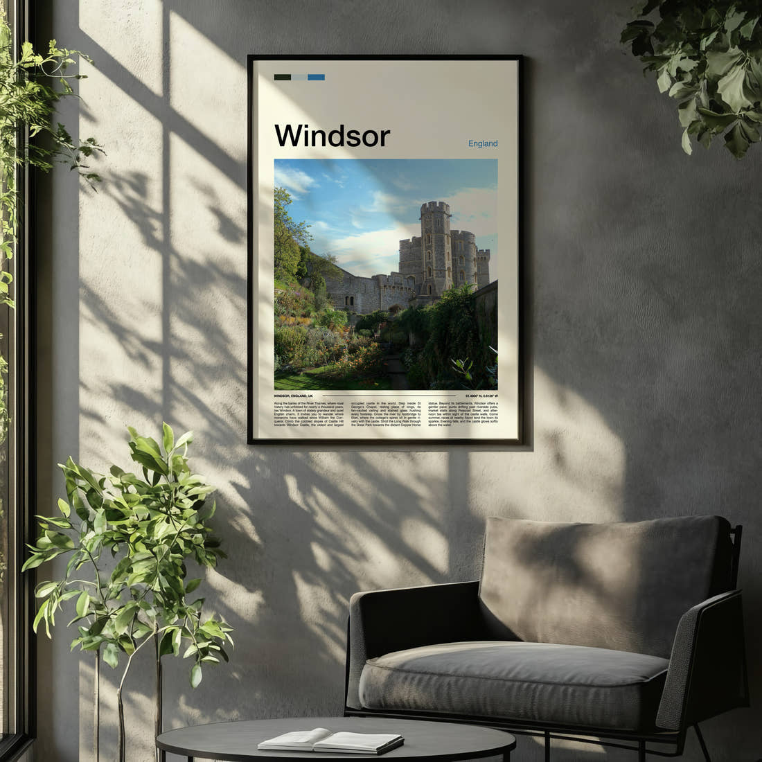 Windsor Castle Wall Garden Travel Print framed on the wall of a relaxed living room