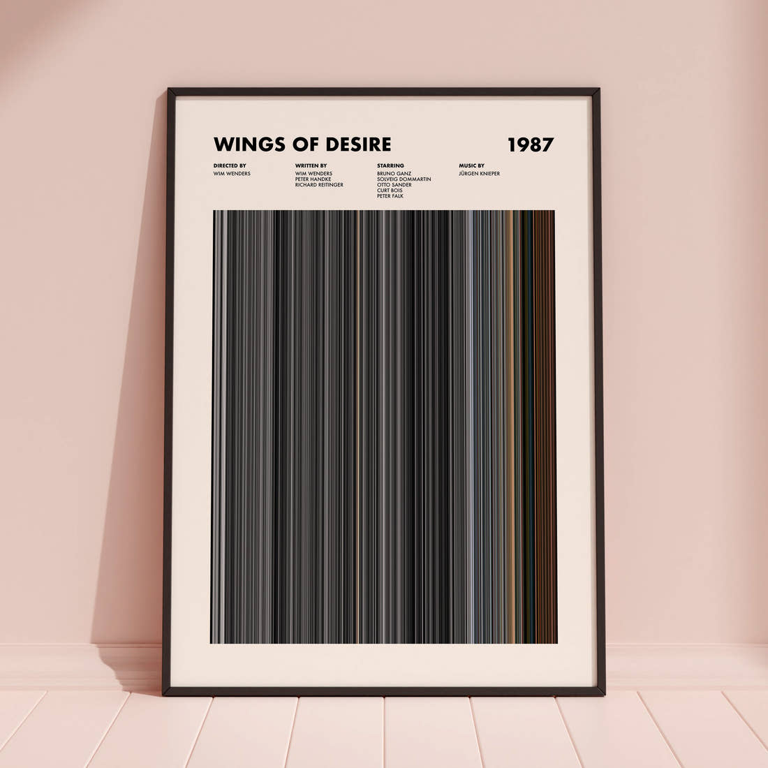 Wings of Desire Movie Barcode Poster framed and leaning against a coloured wall