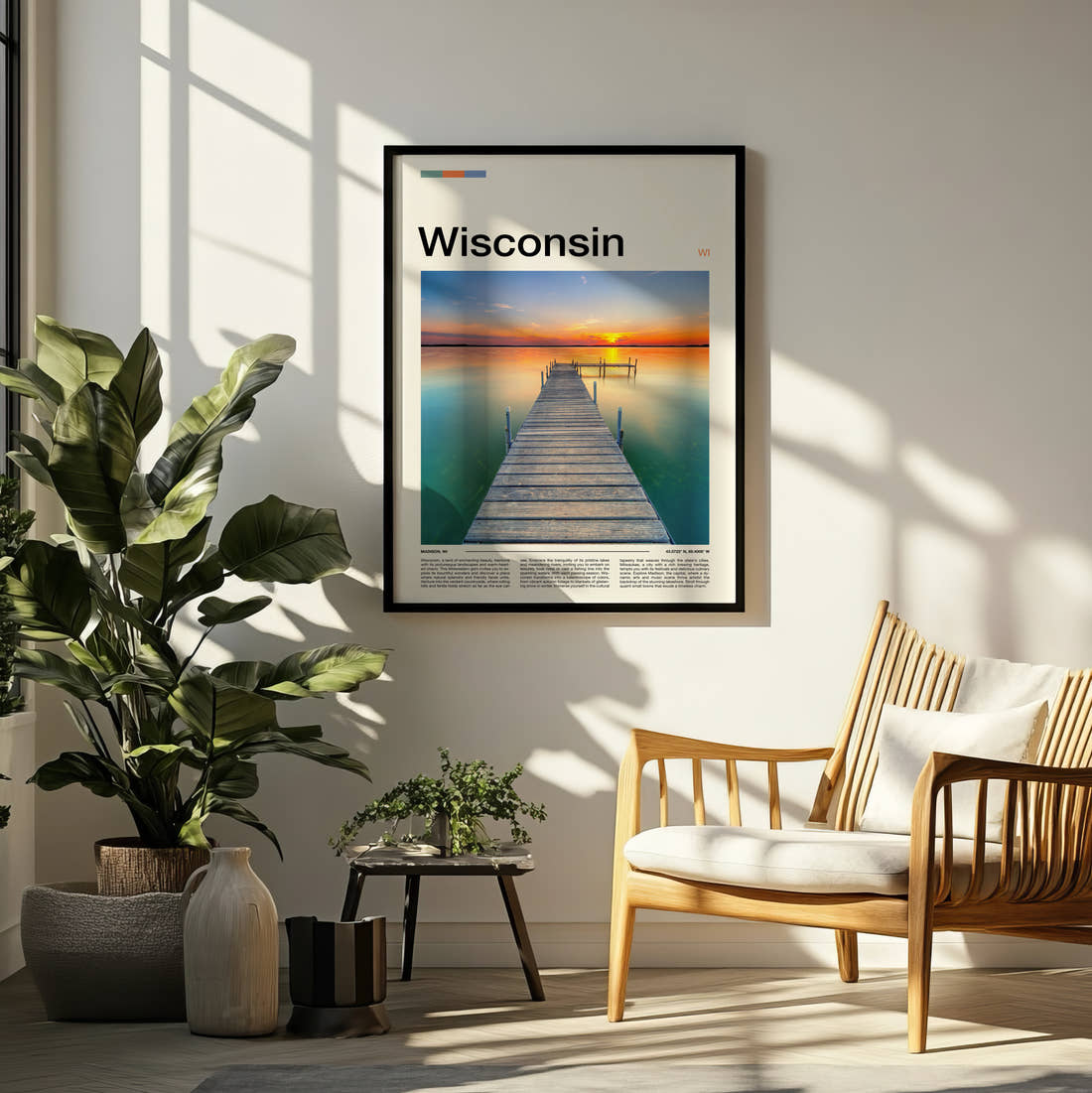 Wisconsin Pier At Sunset Travel Print framed on a pale wall beside houseplants