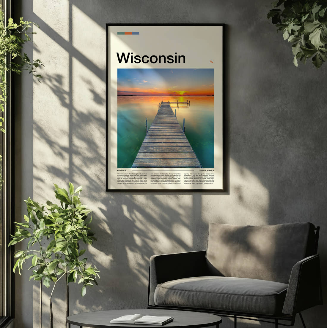 Wisconsin Pier At Sunset Travel Print framed on the wall of a relaxed living room