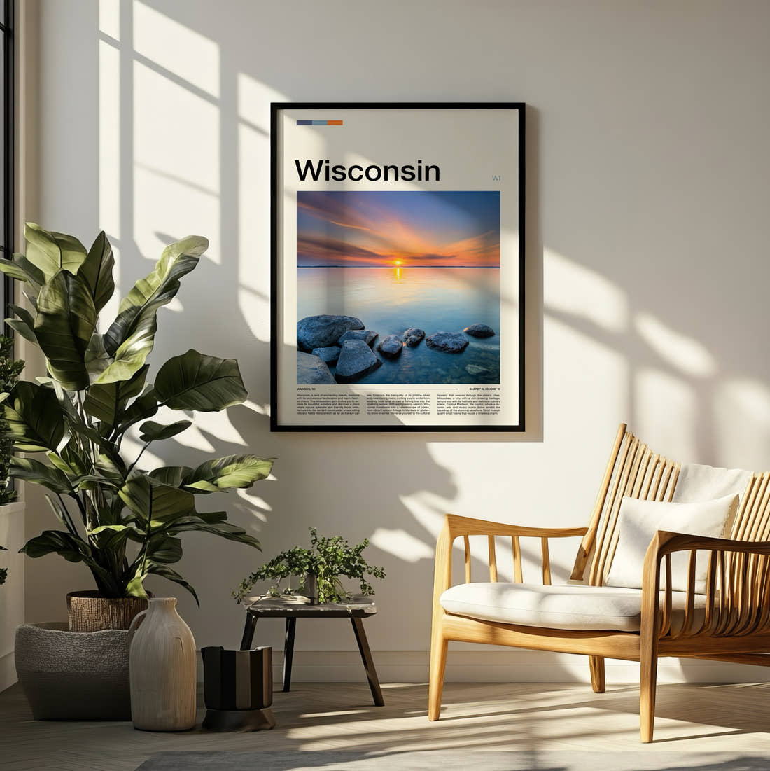 Wisconsin Rocks In Calm Water Travel Print framed on a pale wall beside houseplants
