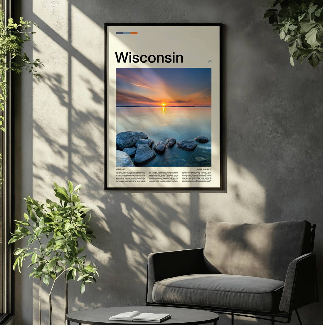 Wisconsin Rocks In Calm Water Travel Print framed on the wall of a relaxed living room