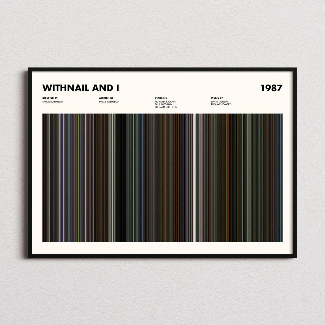 Withnail And I Movie Barcode Poster framed and photographed straight on