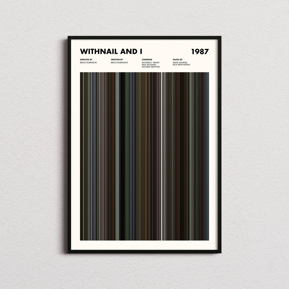 Withnail And I Movie Barcode Poster framed on a plain studio wall