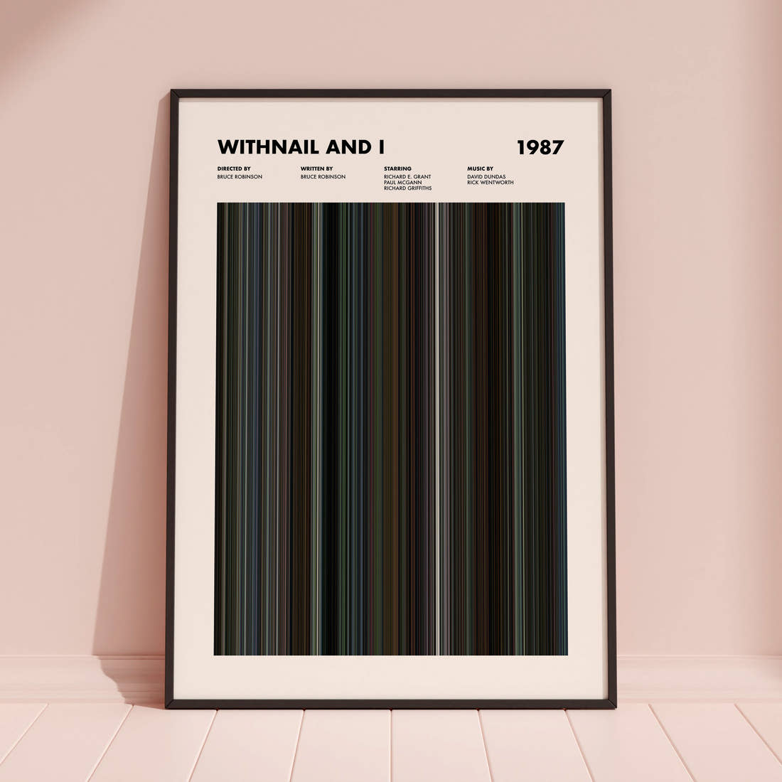 Withnail And I Movie Barcode Poster framed and leaning against a coloured wall