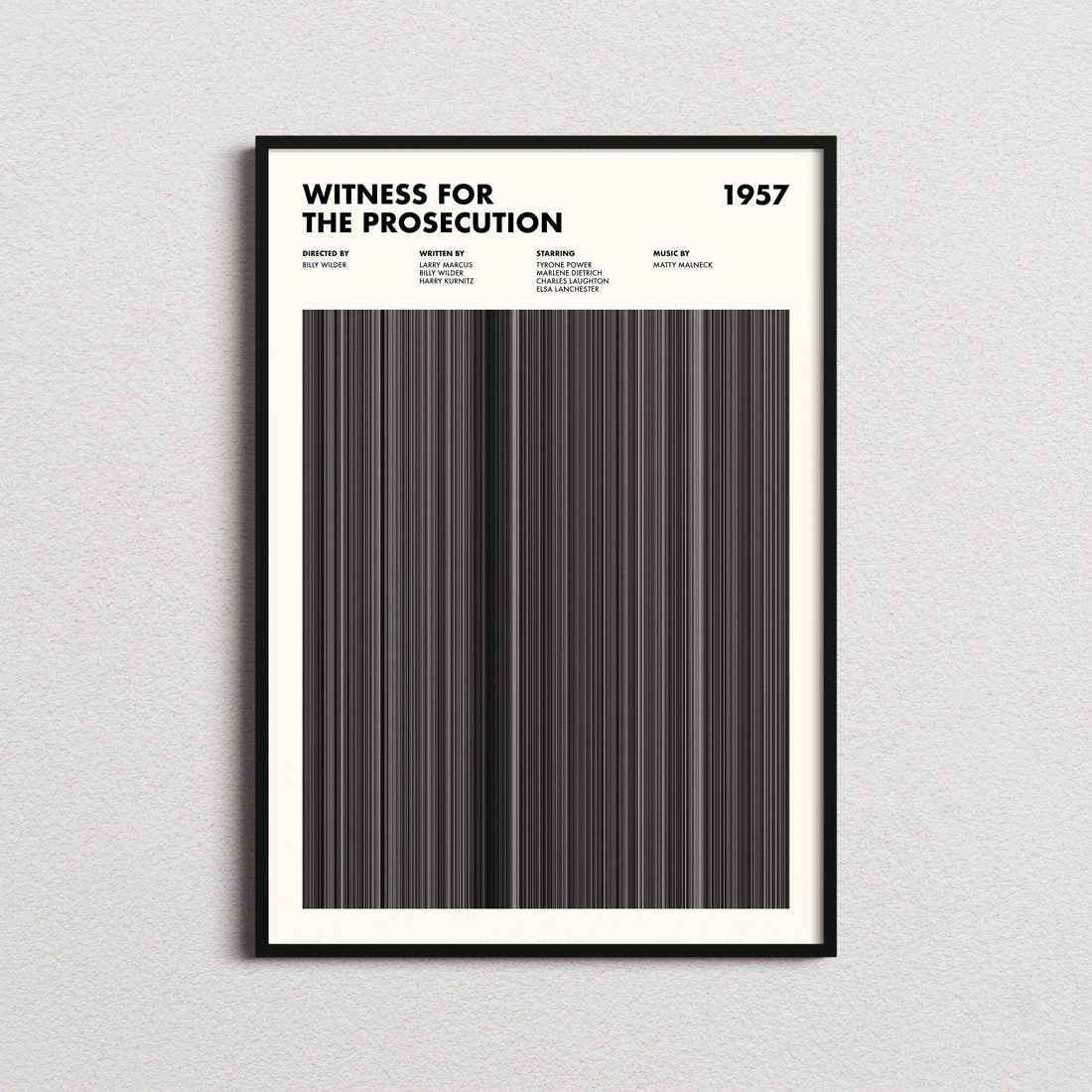 Witness for the Prosecution Movie Barcode Poster framed on a plain studio wall