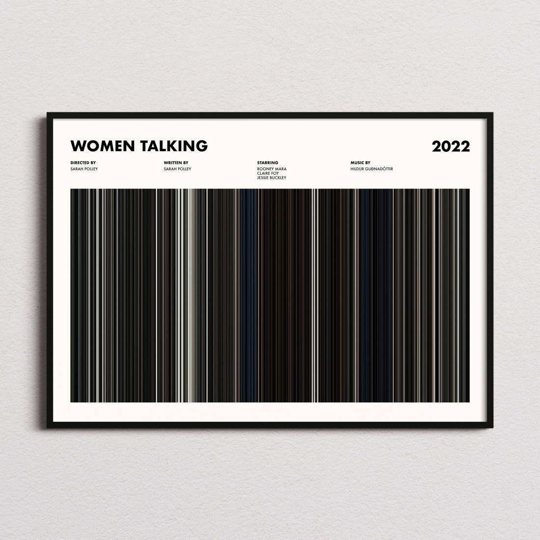 Women Talking Movie Barcode Poster framed and photographed straight on