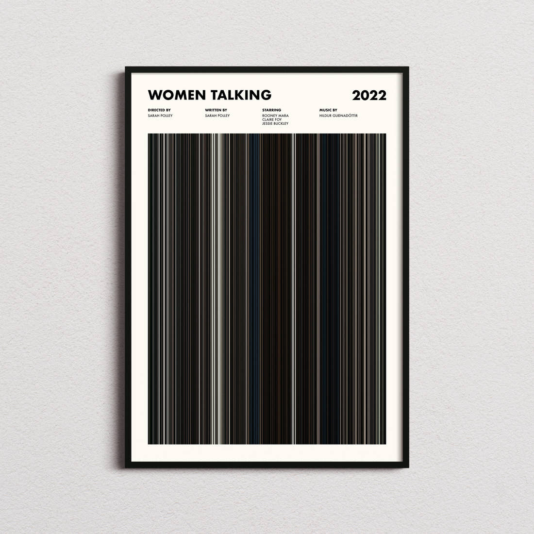 Women Talking Movie Barcode Poster framed on a plain studio wall
