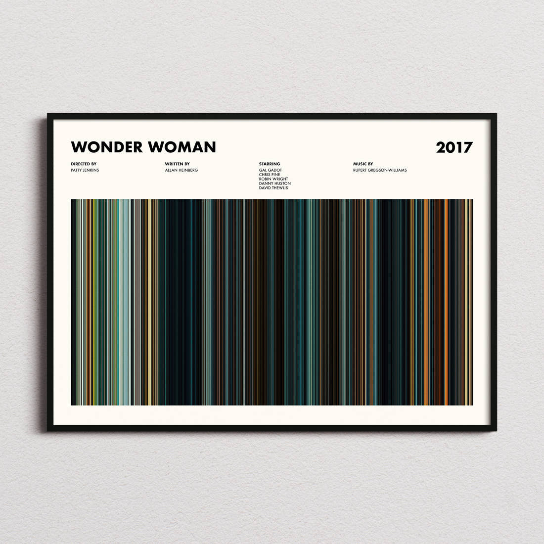Wonder Woman Movie Barcode Poster framed and photographed straight on