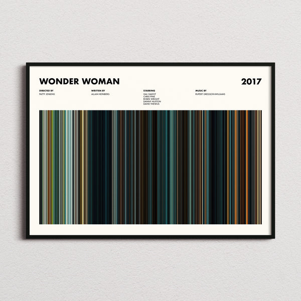 Wonder Woman Movie Barcode Poster framed and photographed straight on