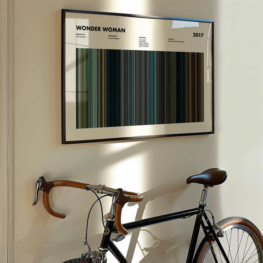Wonder Woman Movie Barcode Poster framed on the wall of a styled room setting