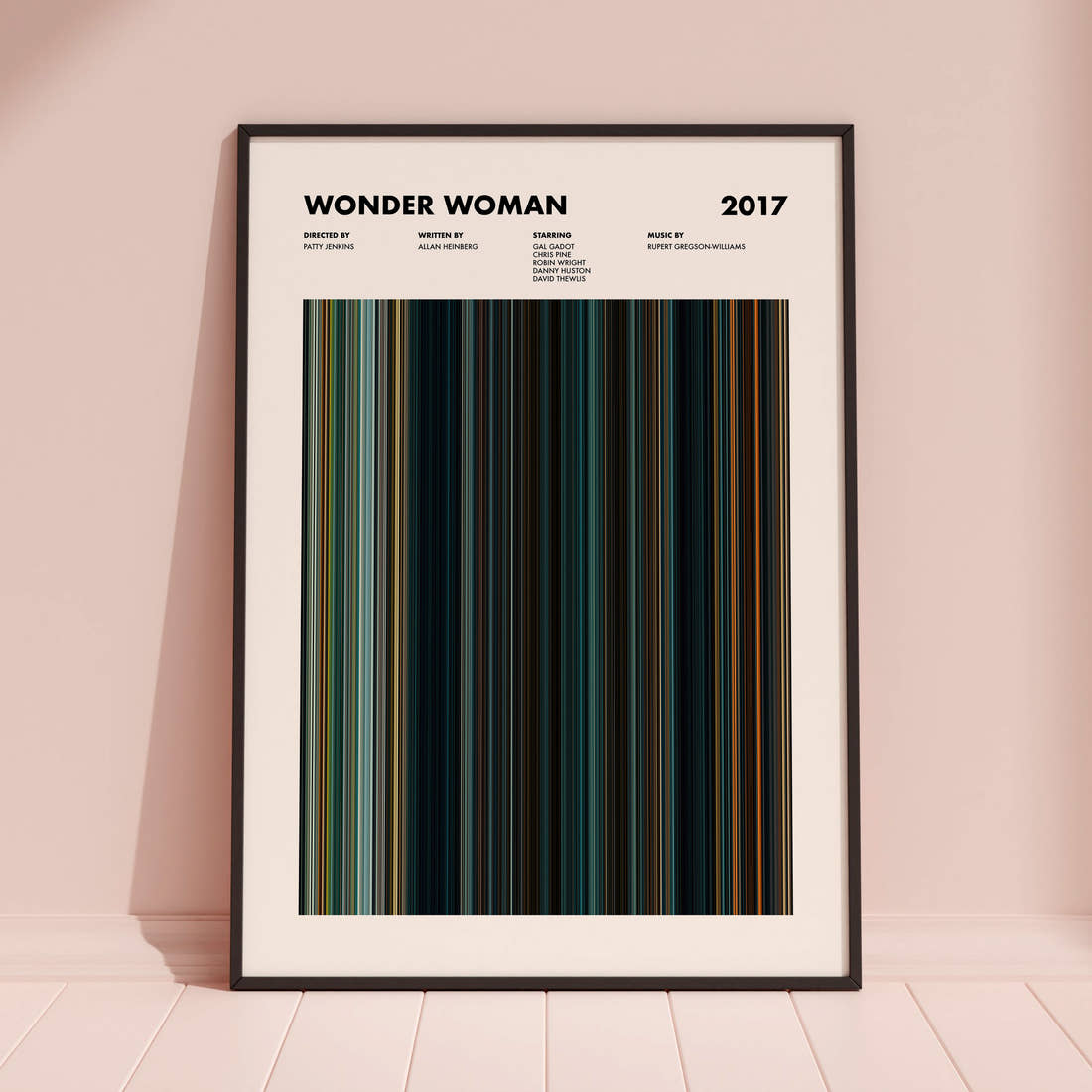 Wonder Woman Movie Barcode Poster framed and leaning against a coloured wall